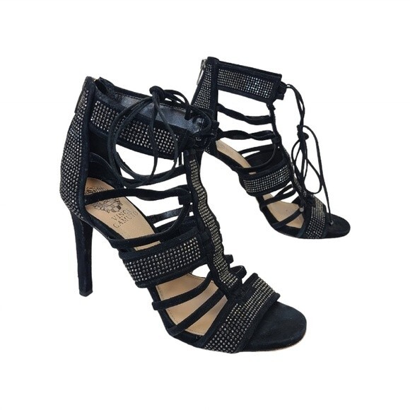 Vince Camuto Embellished Black Suede Caged Strappy Heels 7.5 - Picture 1 of 15